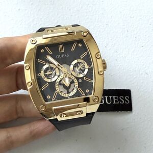 GUESS Men's Phoenix Black Leather & Silicone Flex Strap Gold Case Watch 43mm